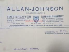 Allan-Johnsson Pappersaffär Ljusopierringsanstalt Helsingfors, Helsingfors 18 okt. 1921. -asiakirja