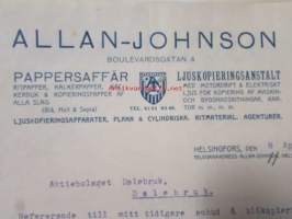 Allan-Johnsson Pappersaffär Ljusopierringsanstalt Helsingfors, Helsingfors 8 april. 1921. -asiakirja