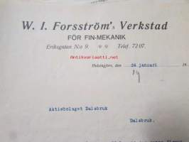 W. I. Forsström's Verkstad för Fin-Mekanik, Helsingfors 24. januari 1921. -asiakirja
