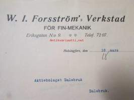 W. I. Forsström's Verkstad för Fin-Mekanik, Helsingfors 16. mars 1921. -asiakirja