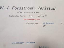 W. I. Forsström's Verkstad för Fin-Mekanik, Helsingfors 22. febjuari 1921. -asiakirja