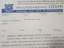 Vakuutusosakeyhtiö louhi, Helsinki 30.7. 1947. -Vanhinkokorvaus asiakirja