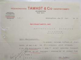 Ingeniörbyrån Tawast & C:o Insinööritoimisto, Helsingfors 11 juni 1921. -asiakirja