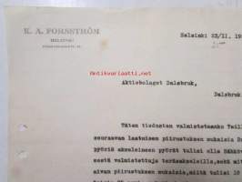 K.A. Forsström helsinki 23/11. 1921. -asiakirja