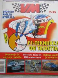 Vauhdin Maailma 1999 nr 7 -mm. Jarmo Mahonen AKK Katsoja käyttäymiset huolestuttaa, Giorgio Piola piirrokset kertovat, Formula 1 GP.t Espanja Mika ja Kuningas