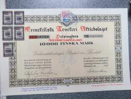 Frenckellska Tryckeri Aktiebolaget, Helsingfors 1927, 10 000 mk prioritetsaktie, Vicehäradshövdingen Rafael von Frenckell -osakekirja