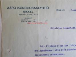 Aaro Ikonen Osakeyhtiö, Mikkeli toukokuun 26. 1922 - asiakirja