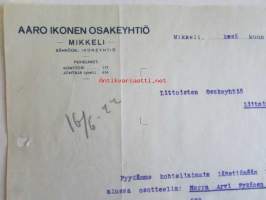 Aaro Ikonen Osakeyhtiö, Mikkeli Kesäkuun 14. 1922 - asiakirja