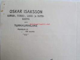 Oscar Isaksson Kangas-turkki-lakki-hattukauppa, Hämeenlinna joulukuun 9 1922. -asiakirja