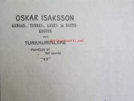 Oscar Isaksson Kangas-turkki-lakki-hattukauppa, Hämeenlinna syyskuun 1. 1922. -asiakirja