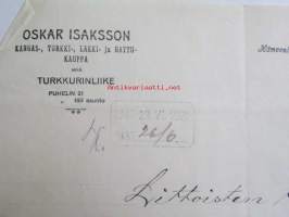 Oscar Isaksson Kangas-turkki-lakki-hattukauppa, Hämeenlinna kesäkuun 21. 1922. -asiakirja