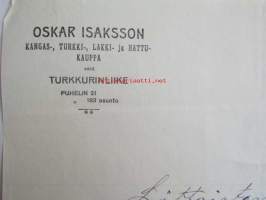 Oscar Isaksson Kangas-turkki-lakki-hattukauppa, Hämeenlinna Toukokuun 2. 1922. -asiakirja