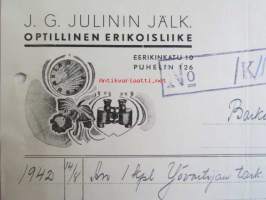 J.G. Julinin Jälk. Optillinen erikoisliike, Turussa elokuun 20. 1942. -asiakirja