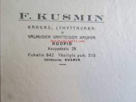 F.Kusmin kangas - lyhyttavara, Kuopio marraskuun 3. 1932 - asiakirja
