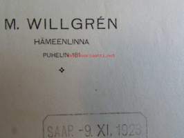 M. Willgren, Hämeenlinna marraskuun 8. 1923. - asiakirja