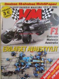 Vauhdin Maailma 2006 nr 4 -mm. Ralli-MM Meksiko, Katalonia. Aasian-Tyynemeren rallisarja. Ralli-SM Laukaa. Ralli-SM Nuoret ja Lady Cup Oulu. F-ryhmän Cup Joensuu.