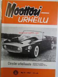 Moottori-urheilu 1961 nr 11 -mm. Kannessa Chrysler-urheiluauto, Kalman kirous, 10 Suurmiestä Detroitista, Indianapolis 500, Autourheilijoiden SM-Mitalit jaettiin,