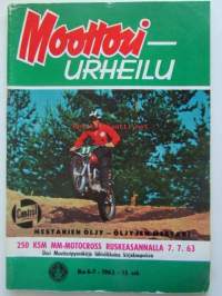 Moottori-urheilu 1963 nr 6-7 -mm. Kruunu vieläkin valttia, Mopolla maailman ympäri, Trial tarinoita, 2 tahtia 4:ä parempi M-pyöriin levyjarrut, Suomen hienoin,